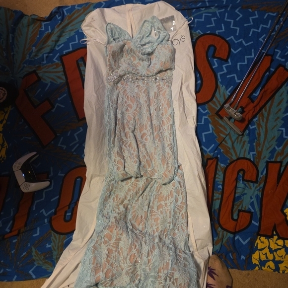Macy's Light Blue Lace Prom Dress+COVER - Picture 2 of 3